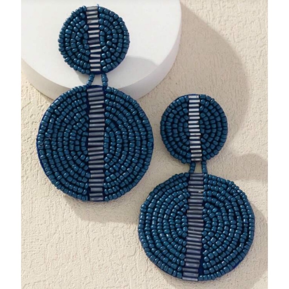 Blue beaded double circle drop earrings